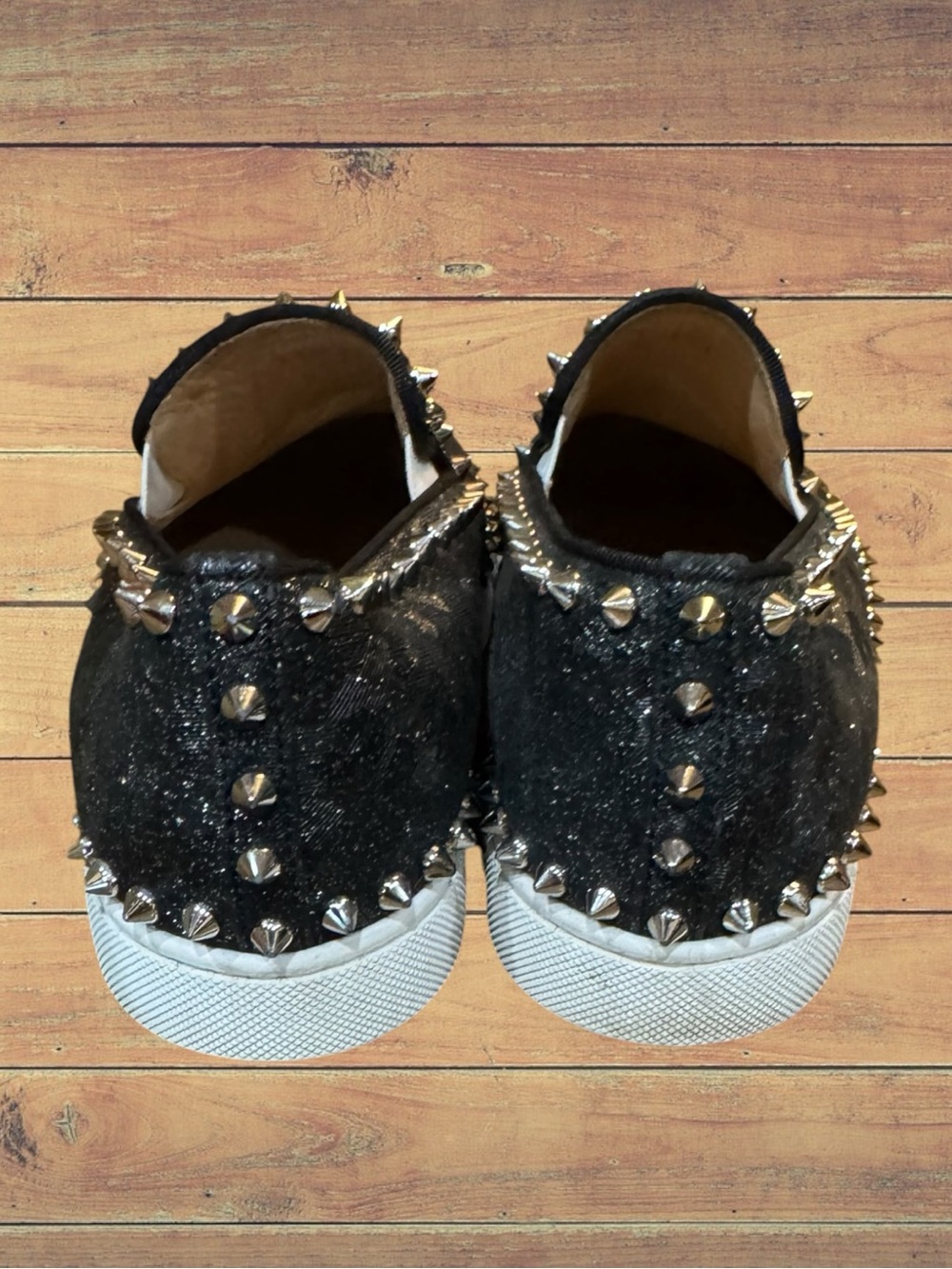 Christian Louboutin Authentic Pik Boat Spiked Black Glitter Slip On Sneakers - Picture 10 of 16